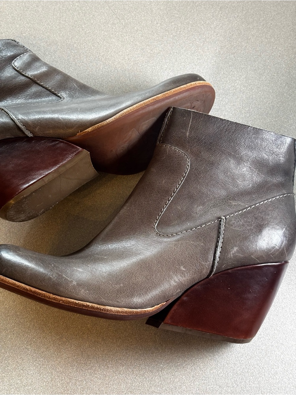 Kork-Ease Stone Gray Michelle Rustic Leather Ankle Booties Wood Heel